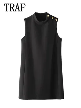 TRAF Naiste Varrukateta Bodycon Mini Kleit 2024 Kuld Nuppu Lühikesed Kleidid Naine Lepinguosalise Kleit Naiste Must Asukoht Kleit