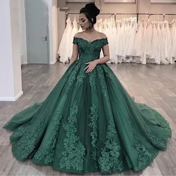 Vintage araabia Tume Roheline Tanssiaiset Kleidid, Pikk Seksikas V-Kaeluse jaoks Maha Õla Appliques Pits Üles Tagasi Dubai Pall Kleit Vestidos de Novia