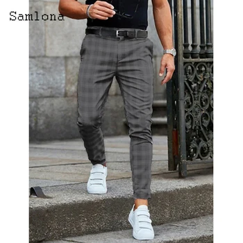 Samlona Pluss Suurus Mens Fashion Liesure Ruuduline Püksid 2023 Euroopa Stiilis Pliiats Püksid Väljas Vabaaja Retro Sobib Püksid Hommes