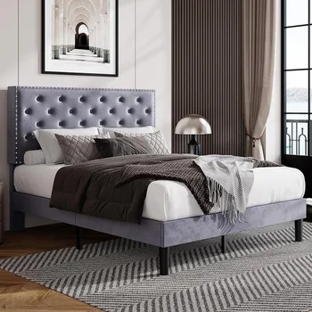 Magamistoa mööbel täielik voodi raam, velvet polsterdatud platvorm voodi, nr vedrud vaja, helehall