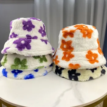 Faux Karusnaha Kohev Kopp Mütsid Naistele Talvel Väljas Flower Print -, Plüüš-Soojad Mütsid Velvet Juhuslik Kalamees Müts Mood Panama Kork