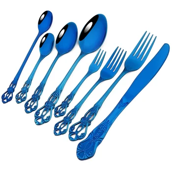 Uus Sinine 8Pcs Dinnerware Komplekt Nuga Magustoit Taldrikule Lusikad Pikk Käepide Lusikas Söögiriistade Komplekt Roostevabast Terasest Köögi-ja Lauanõud Söögiriistad