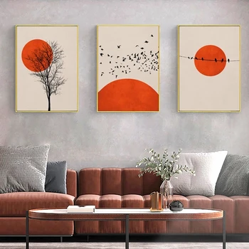 Minimalistlik Oranž Päike Linnukarja Lindude Seina Art Lõuend Maali Nordic Plakatid ja Pildid Seina Pilte elamiseks Kodu Kaunistamiseks