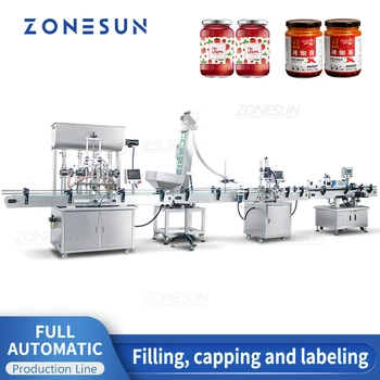 ZONESUN ZS-FAL180X3 Automatiseeritud tootmisliini Chili Kaste, Ketšup Penut Või Ümar Pudel, Purk Täitmise Piiramine Märgistamise Masin