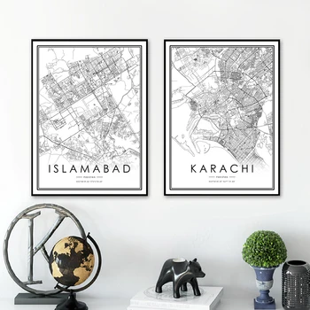 KARACHI Linna Kaart Plakat ISLAMABAD Linna Kaart Must ja Valge Pildid Pakistani Reisi Seina Art Lõuend Maali Kodus Ruumi Kaunistamiseks