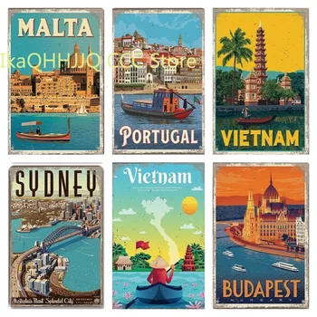 Kuulus Linn Maastiku Plakat Metallist Märgid Budapest Malta Sydney Tina Plaat Retro Seina Art Decor elutuba Kodu 8 X 12 Tolli