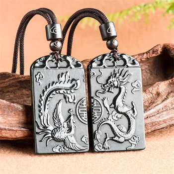 Naturaalne Must HeTian Jade Nikerdatud Hiina Dragon Phoenix Paari Õnnelik Ripats Amulett Kaelakee Tunnistuse Luksus Jade Ehted Kingitus